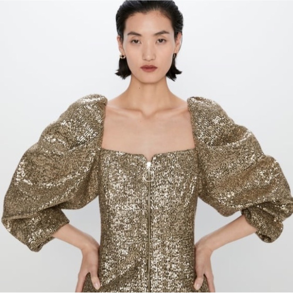 NWT Blogger's Fav ZARA Gold Sequin‎ Puff Sleeve Cocktail Party Mini Dress Medium